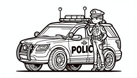 Tematyczne zdjęcie przedstawiające dziecko kolorujące rysunek policjanta i radiowozu