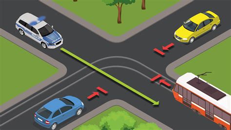 ilustracja przedstawiająca ostrożny wjazd pojazdu uprzywilejowanego na skrzyżowanie
