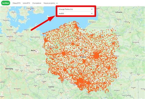 Mapa zasięgu modernizacji systemu SOiA z zaznaczonymi punktami w województwie wielkopolskim