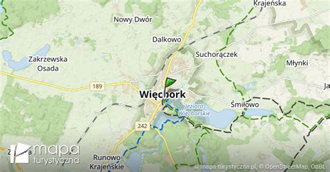 Mapa gminy Więcbork z zaznaczonym Runowem i drogą dojazdową