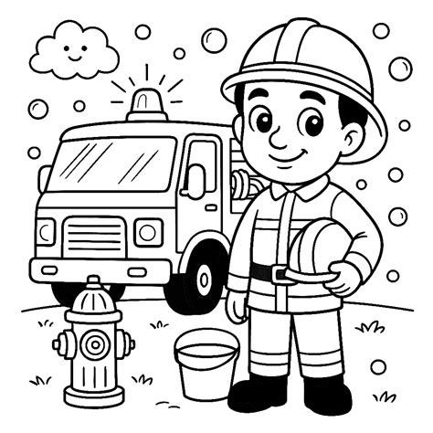 Ilustracja uśmiechniętego strażaka przygotowującego się do akcji przy wozie strażackim