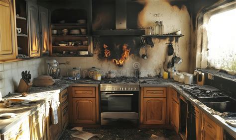Thematic photo of a burnt kitchen with a damaged refrigerator