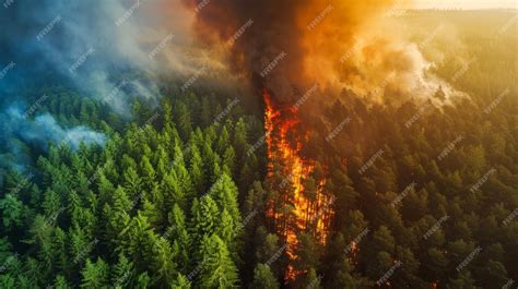 Aerial photo of a forest fire with smoke and flames, possibly with firefighting planes visible