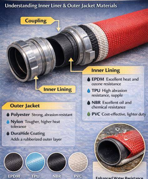Infographic showing different layers of a fire hose construction