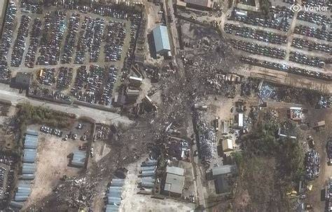 Aerial view of the Hotel Polen site after the fire, showing debris