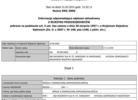 Przykład aktualnego odpisu z Krajowego Rejestru Sądowego dla stowarzyszenia.