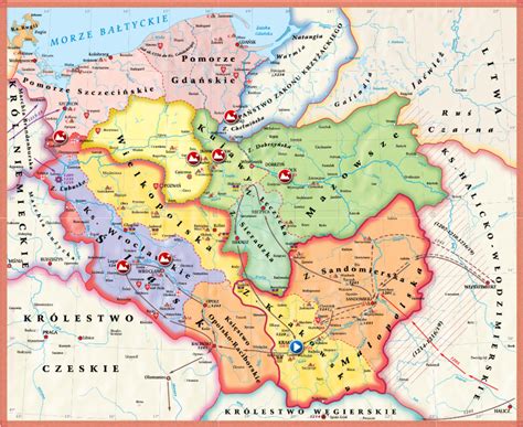 Średniowieczna mapa Polski z zaznaczonymi ziemiami krakowskimi