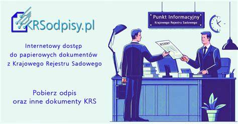 Grafika przedstawiająca dokumenty z KRS lub symbol Krajowego Rejestru Sądowego