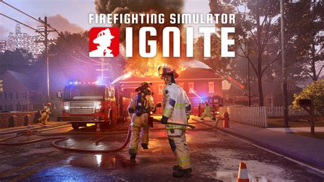 Zrzut ekranu przedstawiający realistyczną symulację pożaru w grze Firefighting Simulator: Ignite, z widocznymi efektami ognia, dymu i wody