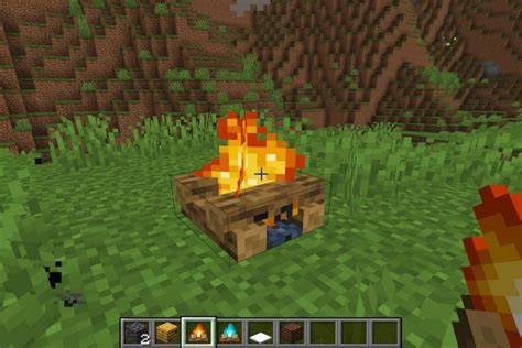 Schemat craftingu ogniska w Minecraft (3 patyki, 1 węgiel, 3 bloki drewna)