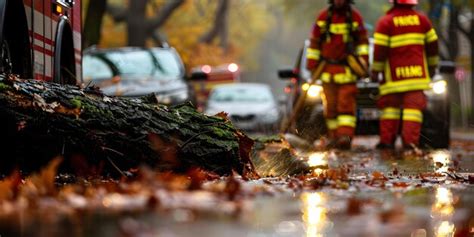 Photo of firefighters removing a fallen tree from a road during a storm