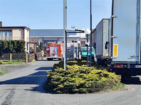 Zdjęcie płonącej hali przemysłowej w Szczytnikach z widocznymi zgliszczami palet