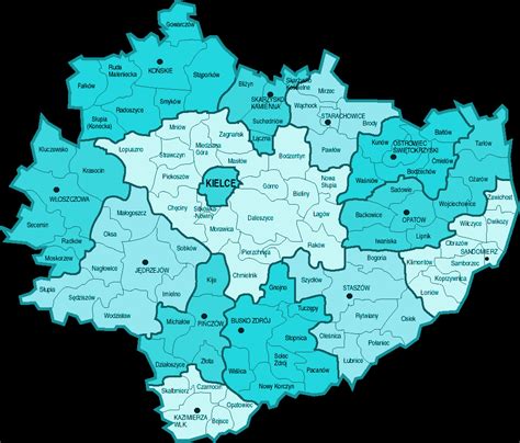 Mapa województwa świętokrzyskiego z zaznaczonymi powiatami sandomierskim, staszowskim, buskim, opatowskim i włoszczowskim