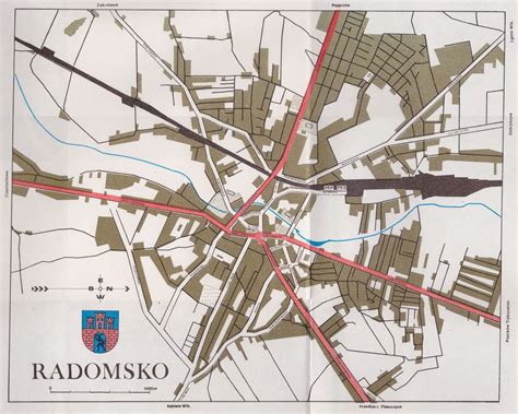 Historyczna mapa Radomska z zaznaczeniem obszarów zabudowy drewnianej