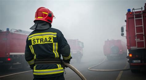 strażacy w akcji gaśniczej na dachu pałacu w Jelczu-Laskowicach