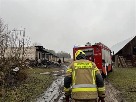 Zgliszcza spalonej stajni, strażacy dogaszający pogorzelisko.
