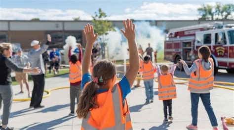 Photo of children or youth participating in a fire safety drill at a camp, emphasizing evacuation procedures.