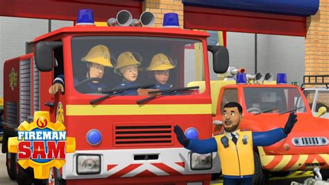 Thematic photo of the animated character Fireman Sam with his fire engine