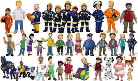 Infographic showing the main characters of the Fireman Sam fire station team