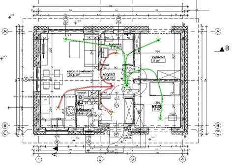 projekt instalacji wentylacyjnej, plan budynku z zaznaczonymi kanałami wentylacyjnymi