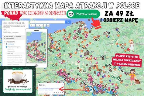Mapa z lokalizacjami miejsc papieskich w Polsce, takich jak Wadowice, Częstochowa czy Kraków.