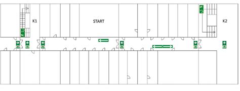 schemat garażu podziemnego z zaznaczonymi drogami ewakuacyjnymi i strefami zagrożenia pożarowego