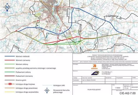 schematyczny przebieg obwodnicy Ciechanowa z zaznaczonymi wariantami A, B, C