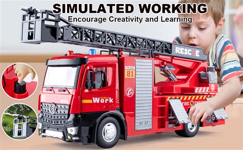 Thematic photo of a fire truck toy for children, with a child playing with water function and ladder