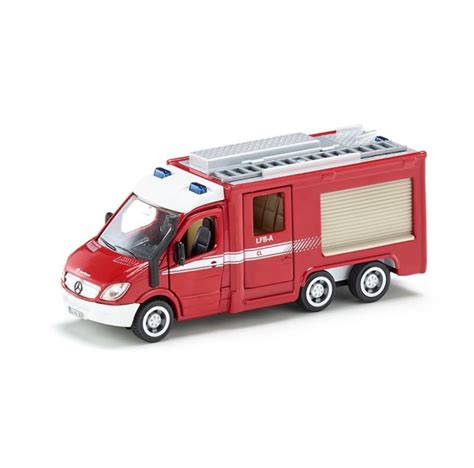 Zdjęcie przedstawiające model wozu strażackiego Siku Mercedes-Benz Sprinter z rozłożoną drabiną