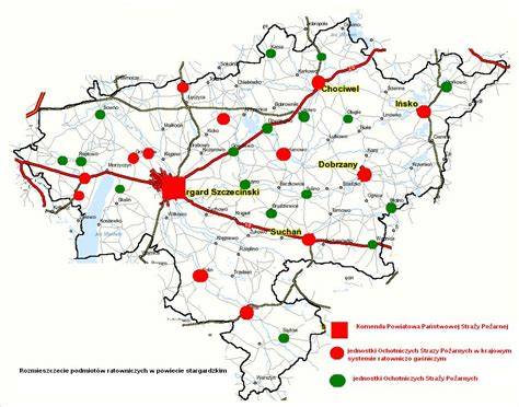 Mapa powiatu pilskiego z zaznaczonymi głównymi trasami i lokalizacjami jednostek straży pożarnej