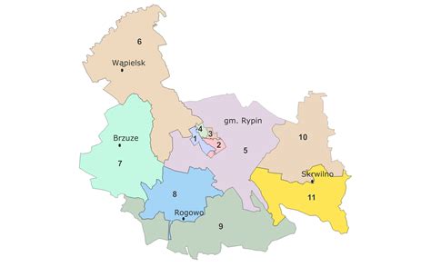Mapa powiatu z zaznaczonymi rejonami działania poszczególnych jednostek OSP i PSP