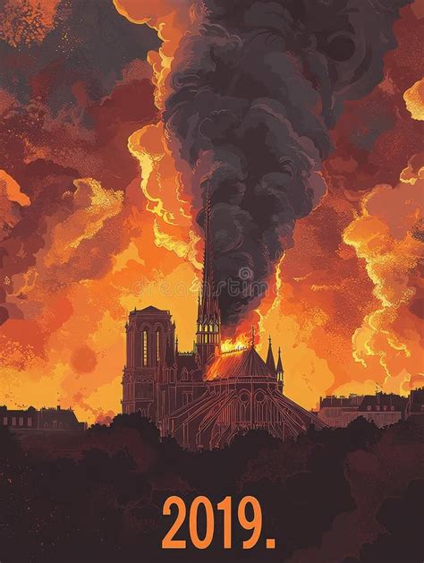 The Notre-Dame Cathedral engulfed in flames and smoke, with its spire collapsing