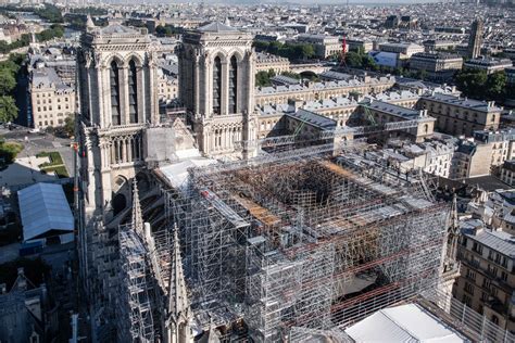 A detailed view of the scaffolding and reconstruction efforts on the Notre-Dame Cathedral