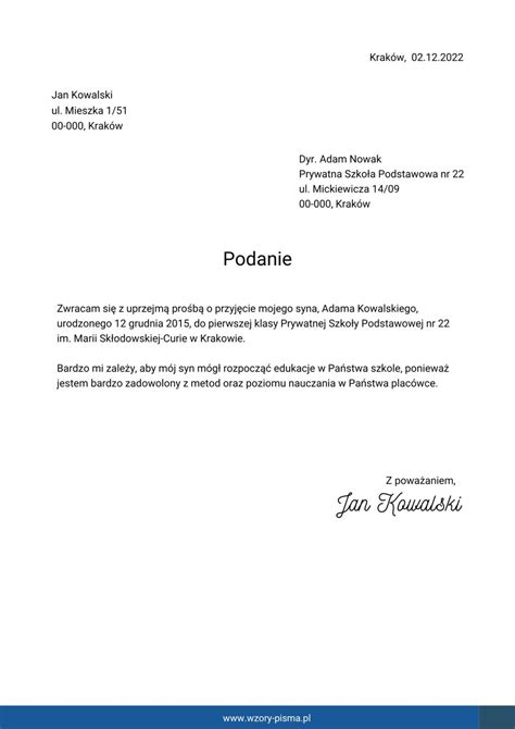 Szablon formalnego pisma lub dokumentu