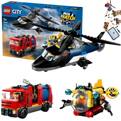 Ilustracja przedstawiająca strażaków Playmobil w akcji, z wozem strażackim i helikopterem ratunkowym.