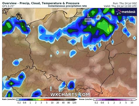 Mapa meteorologiczna Opolszczyzny z zaznaczeniem obszarów o intensywnych opadach