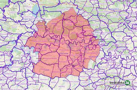 Mapa powiatu wadowickiego z zaznaczonymi punktami interwencji straży pożarnej
