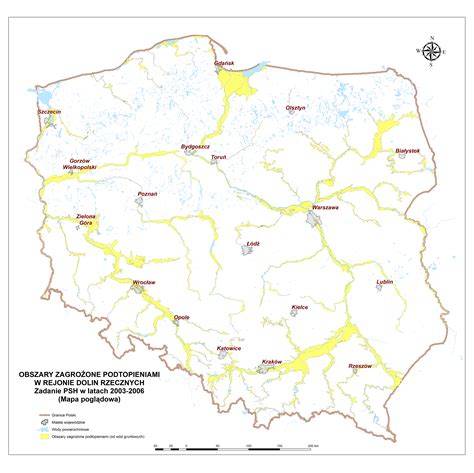 Mapa obszarów dotkniętych powodzią w 1997 roku z zaznaczonymi punktami działań jednostek OSP