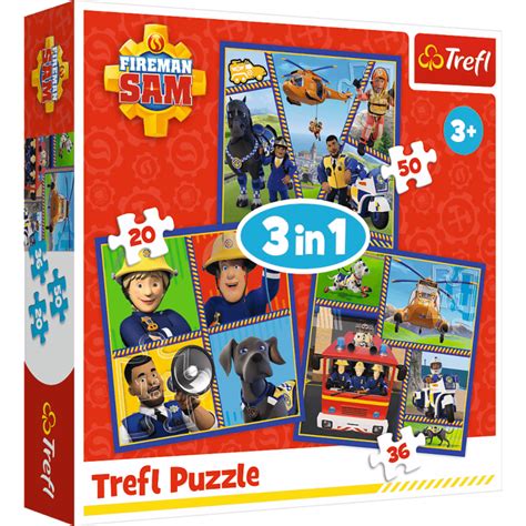 Zestaw puzzli Trefl 3w1 dla dzieci przedstawiający motywy ze Strażaka Sama