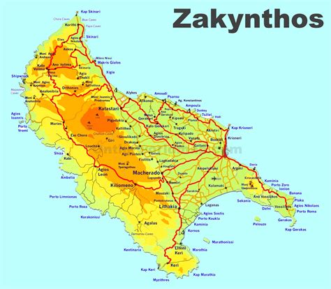 Mapa Zakynthos z zaznaczeniem Agalas i Keri oraz obszarów objętych pożarami