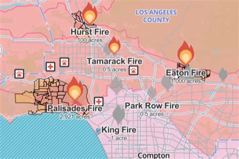 Map showing fire perimeters in Los Angeles and Ventura counties, with celebrity homes marked