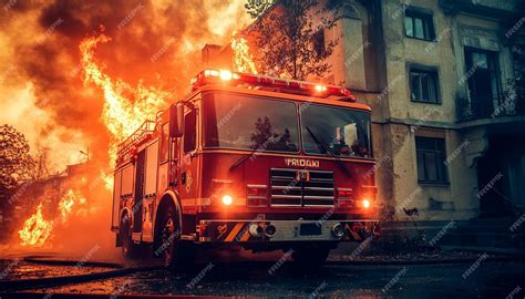 Thematic photo of a fire truck arriving at a burning building at night