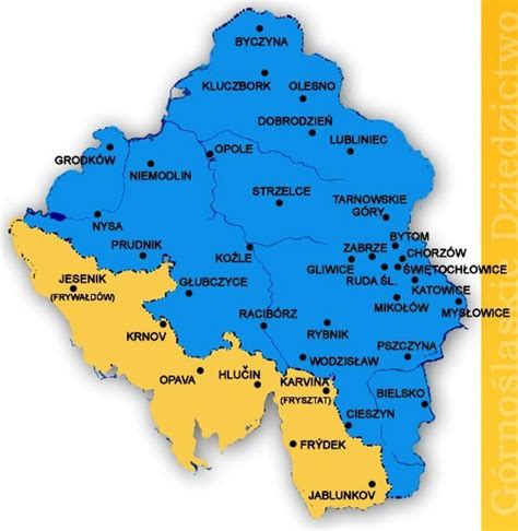 Mapa Górnego Śląska z zaznaczonymi miastami dotkniętymi historycznymi pożarami