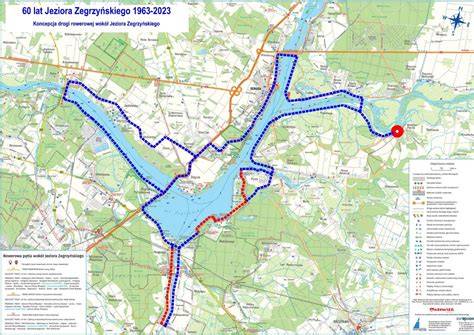 Infografika przedstawiająca główne atrakcje turystyczne i szlaki rowerowe wokół Zalewu Koronowskiego