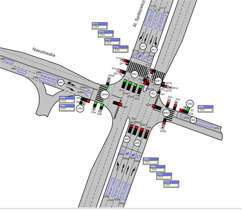 schemat skrzyżowania al. Spółdzielczości Pracy z ul. Dożynkową, wskazujący miejsce pożaru autobusu