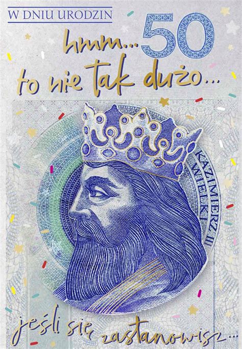 Ilustracja przedstawiająca różnorodne personalizowane kartki na 50. urodziny, z elementami graficznymi, zdjęciami i życzeniami.