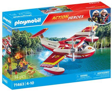 Zabawkowy samolot strażacki Playmobil z funkcją gaszenia pożaru, unoszący się na wodzie, z obracającymi się śmigłami i miejscem na figurkę.