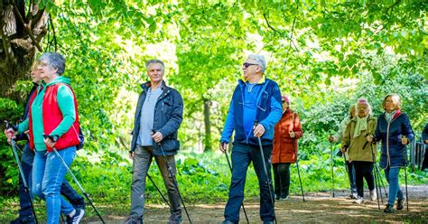 Grupa seniorów podczas zajęć Nordic Walking