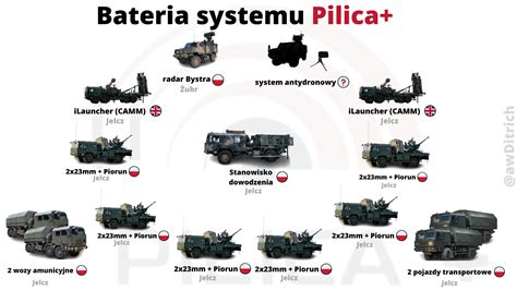 Schemat struktury baterii systemu SAN: 3 plutony ogniowe, pluton dowodzenia, pluton wsparcia oraz 703 pojazdy (Jelcz i Legwan)