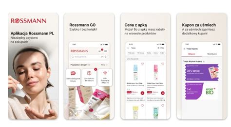 Ilustracja przedstawiająca ekran aplikacji Rossmann z widoczną wyszukiwarką i wynikami wyszukiwania hasła 